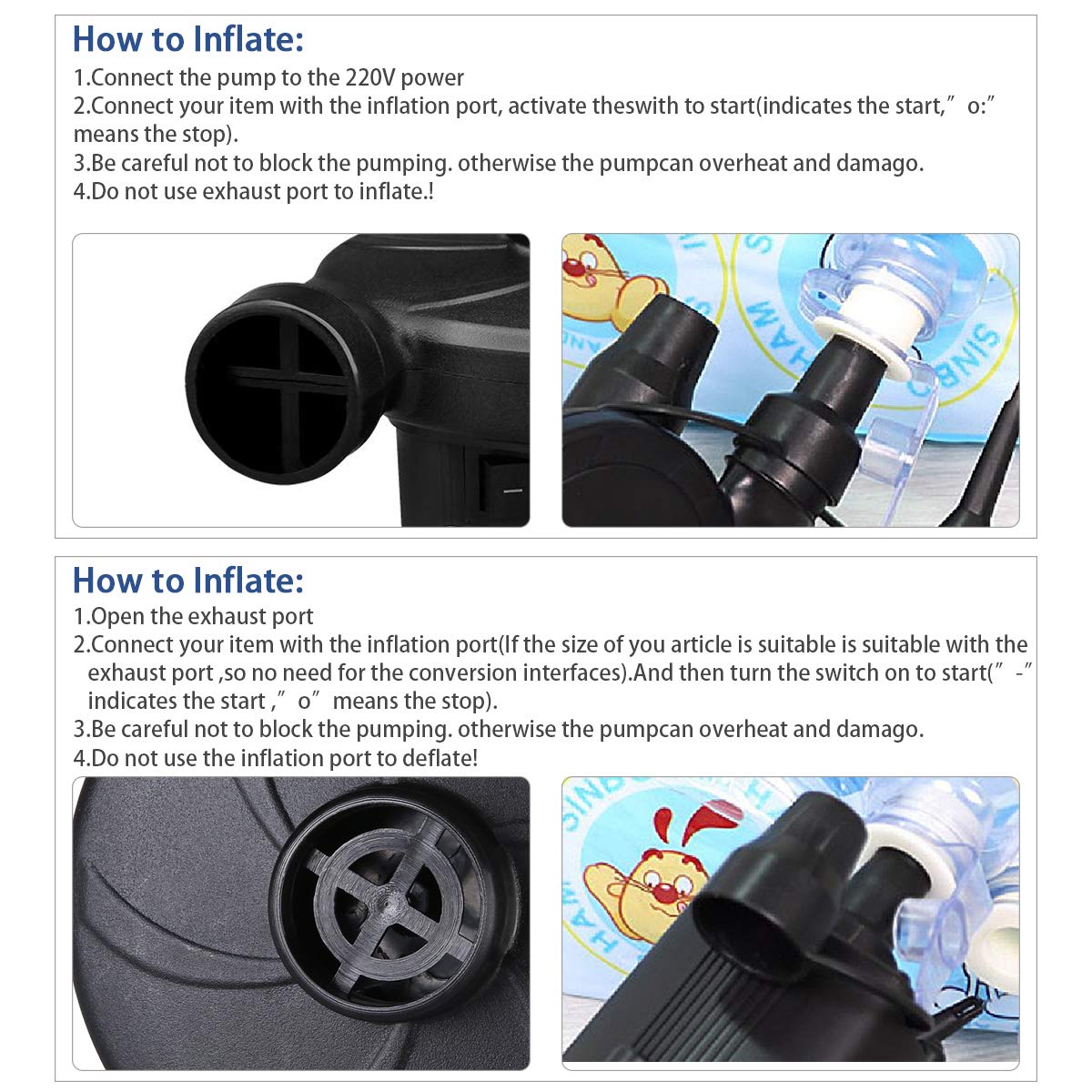 MUEAST Elektrische Luftpumpe USB Luftmatratze Pumpe, 2 in 1 Elektropumpe Power Pump Inflator Deflator mit 3 Luftdüse für aufblasbare Matratze,Kissen,Bett,Boot,Schwimmring (Schwarz)