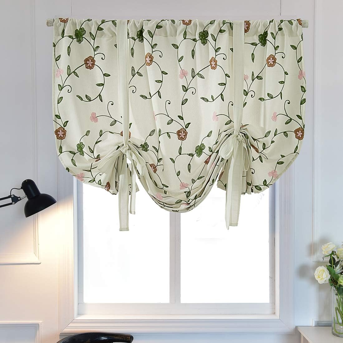 vctops Floral Embroidered Farmhouse Tie Up Shade Curtain