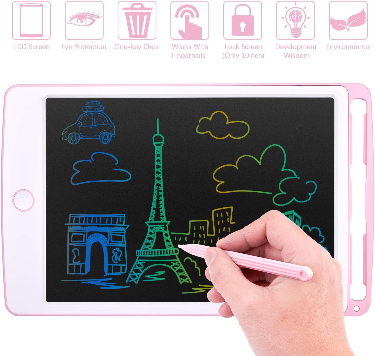 Tecboss LCD Writing Tablet Toys for Girls Boys, Colorful Screen Erasable Electronic Digital Drawing Pad Doodle Board (10in, Pink): Electronics