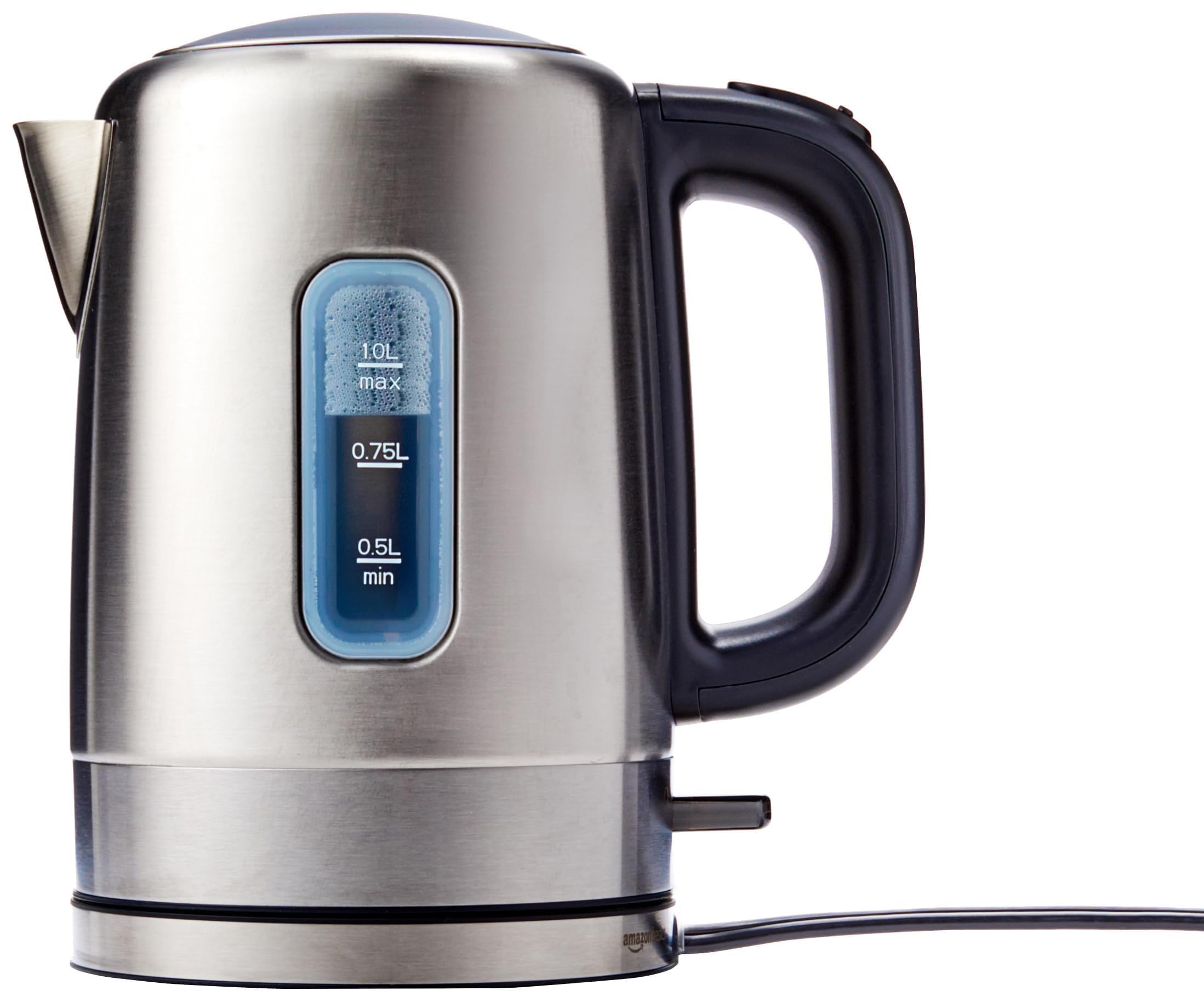 Photo 1 of Amazon Basics Electric Stainless Steel Kettle for Tea and Coffee, BPA-Free, Fast Boiling, Auto Shut-Off, 1 Liter, 1500W, Black and Silver