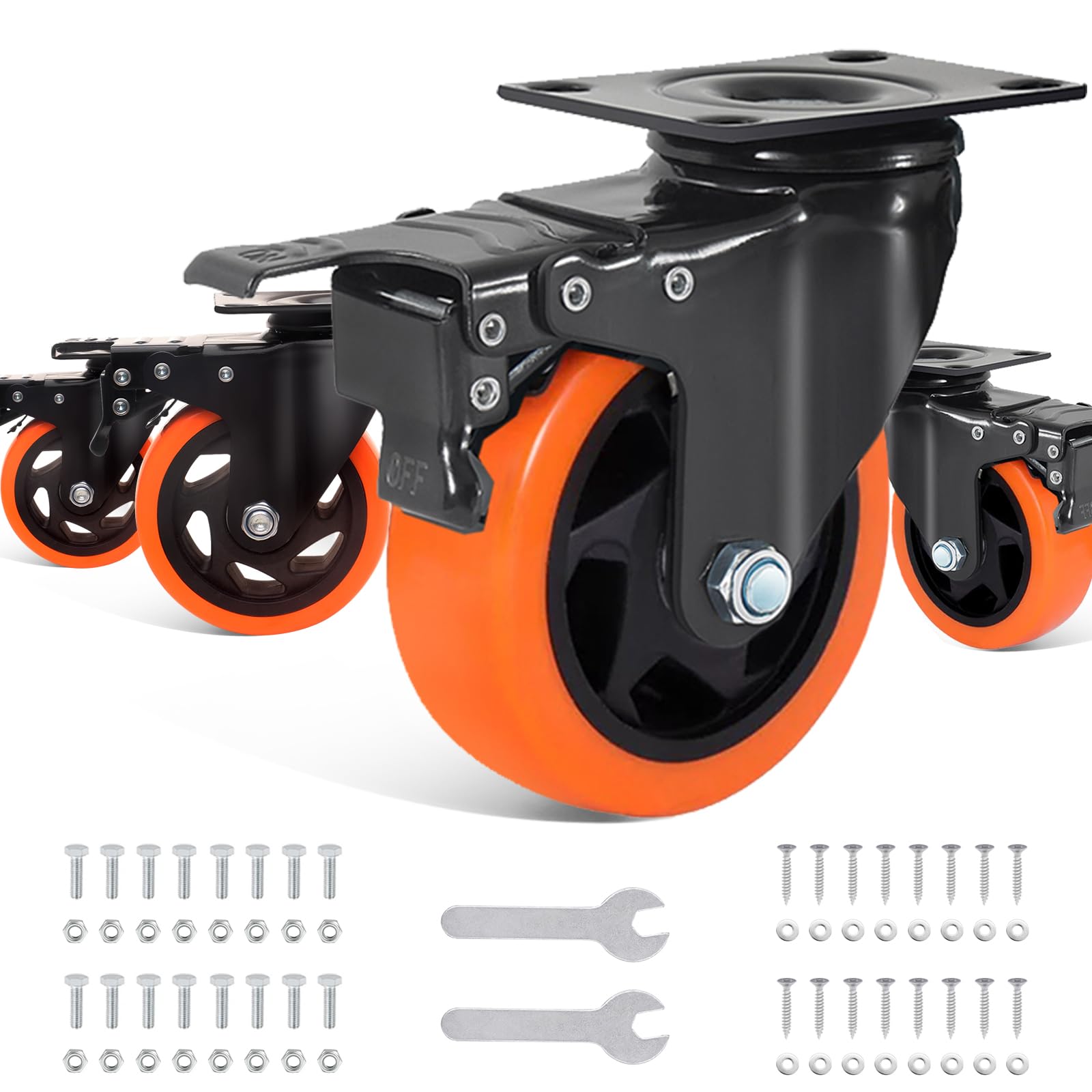 BAOLIHUI Heavy Duty Swivel Castors, Orange - 4 pcs Set, 100 mm, 600 kg Load, Double Locking, 360° Rotation, Stem Mount, Hard Floor, Includes Mounting Accessories