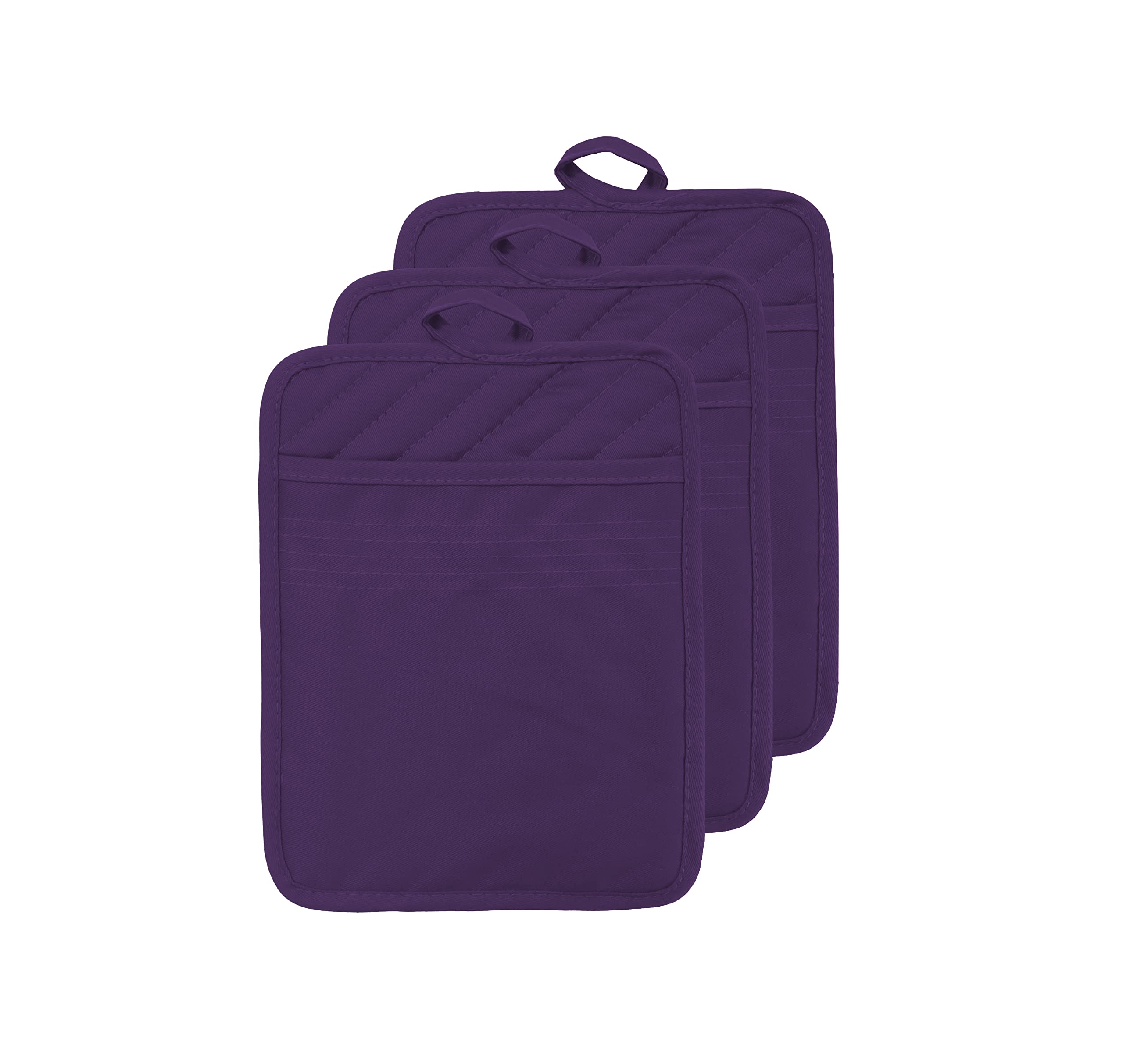 VEIKERY Cotton Pocket Pot Holders Machine Washable Heat Resistant Hot Pads for Kitchen and Baking Square Purple Oven Mitts 7"x9" Set of 3