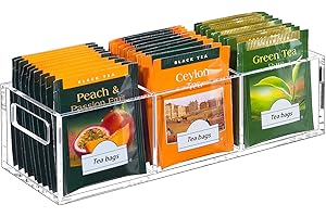 BEYGORM Tea Bag Organizer, Clear Acrylic Teabag Holder and Tea Caddy, Small Tea Packet Storage Box for Drawer, Cabinet, Pantry, Kitchen Countertop, Tea Storage Accessories