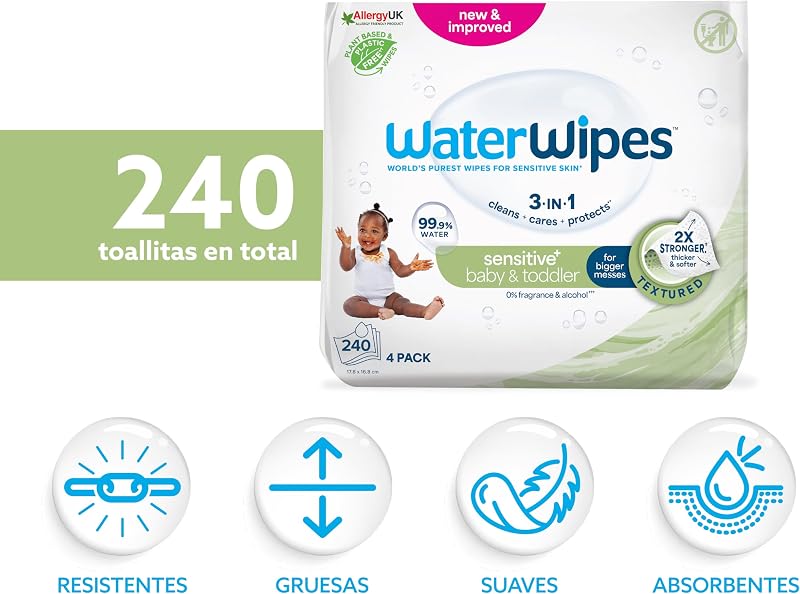 Toalhetes texturizados sem plástico waterwipes para crianças e bebês, contagem de 240 (pacote com 4), 99,9% à base de água, sem perfume para peles sensíveis