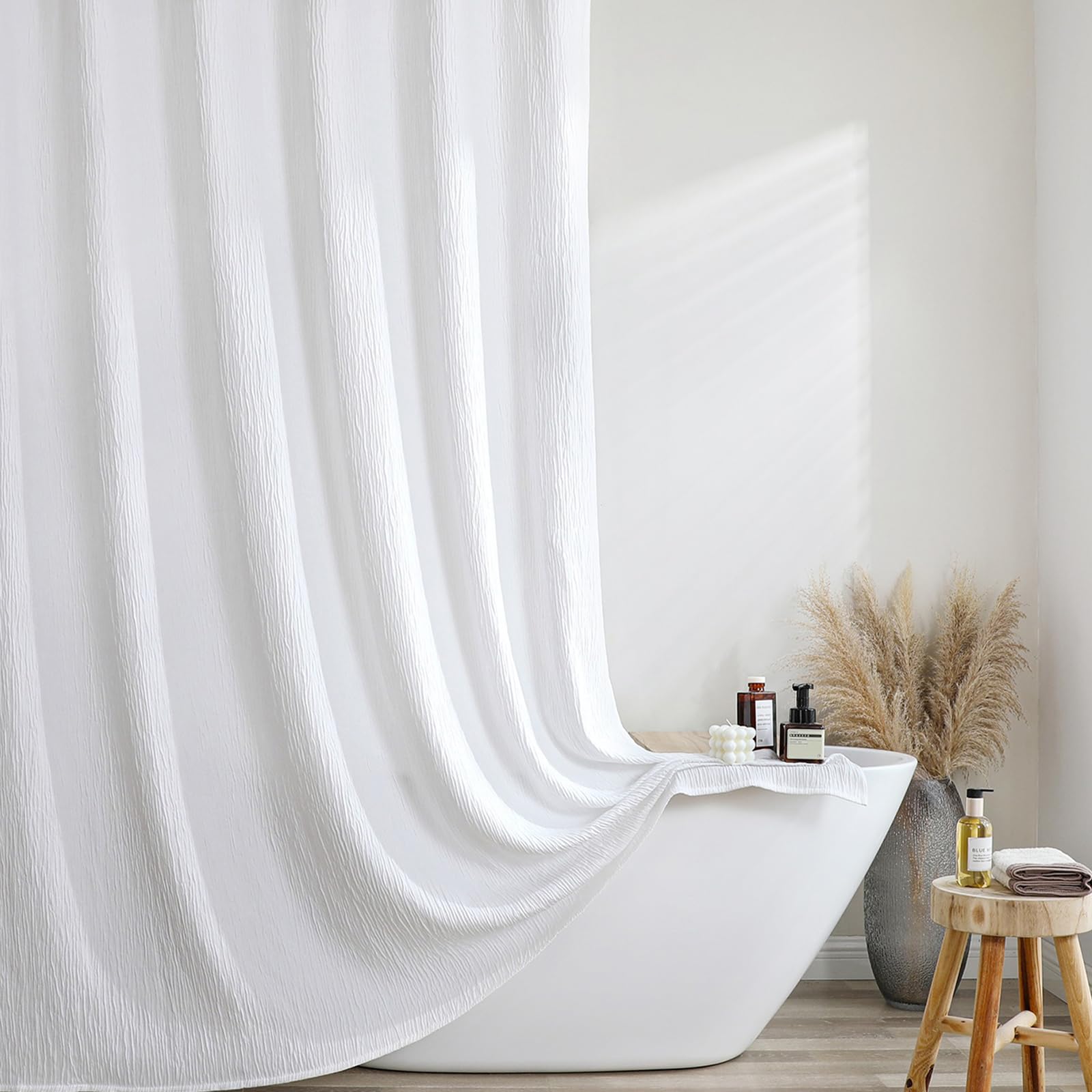 Photo 1 of OVZME White Extra Long Boho Shower Curtain 96 Inch Length, Heavy Duty Cute Shower Curtain for Bathroom, Farmhouse Crinkled Textured Soft Fabric, Machine Washable, White, 72Wx96L Inches