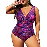 Aqua Eve Women Plus Size One Piece Swimsuits Tummy Control Bathing Suits V Neck Ruched Swimwear