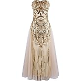 ANGEL FASHIONS Women's Sequin Strapless Sweetheart Mesh Lace up Banquet Dress