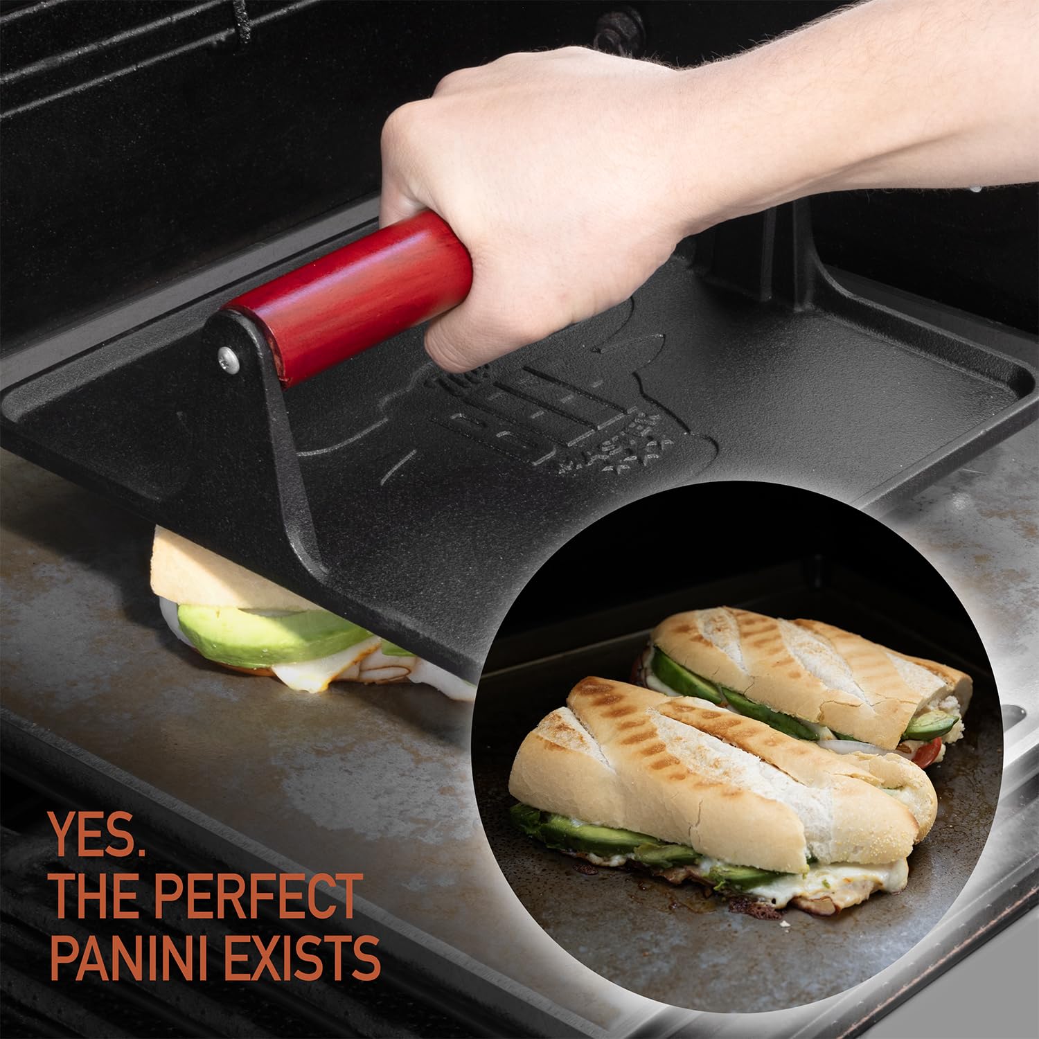 The Beef Master Cast Iron Grill Press - XL Burger Press, Pre-Seasoned Griddle Press, Heavy Duty Meat Press for Bacon, Burgers, and Steak with Cool Touch Handle - 10”x10”x4”