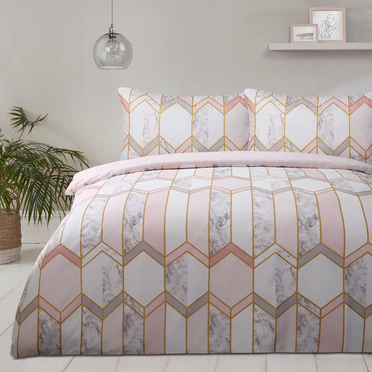Sleepdown Geometric Metallic Marble Blush Pink Reversible Soft Cosy Easy Care Duvet Cover Quilt Bedding Set with Pillowcases - Super King (260cm x 220cm)