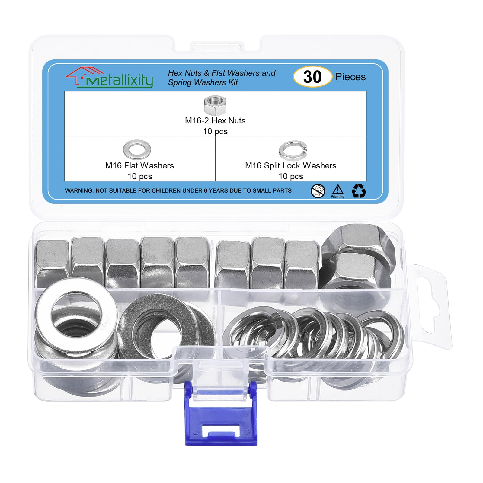 METALLIXITY Hex Nuts Assortment Kit (M16-2 Hex Nuts with M16 Flat Washers & Split Lock Washers) 30Pcs, 304 Stainless Steel Hexagon Nut Hardware Kit