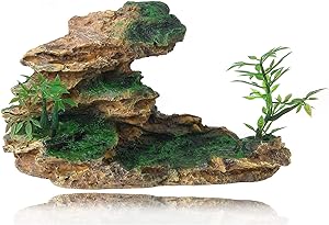 FEDOUR Aquarium Mountain View Stone Ornament, Moss Tree Rock Cave Landscape Artificial Fish Tank Decoration, with 6pcs Small Plants