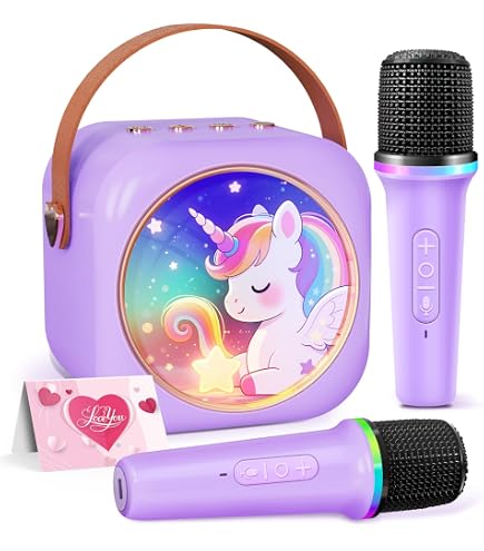 Karaoke Portátil Infantil Con 2 Micrófonos Inalámbricos, Altavoz Bluetooth, 5 Efectos De Voz Y Luces LED