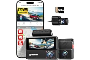 REDTIGER 530° 3 Channel Dash Cam, 2.5K+2.5K+1080P Triple Car Camera with 128GB Card, IR Night Vision, Touch Screen, Dashcam F