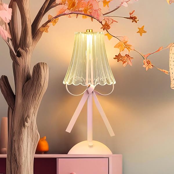CHUNFUL BOW LAMP PLUGGED IN FOR WOMEN ROOM COQUETTE LAMP METAL TOUCH DESK DECOR 11.8 INCH TALL CUTE BEDSIDE LIGHT WITH SCALLOP SKIRT SHADE MODERN PRINCESS BEDROOM NURSERY DECORATION