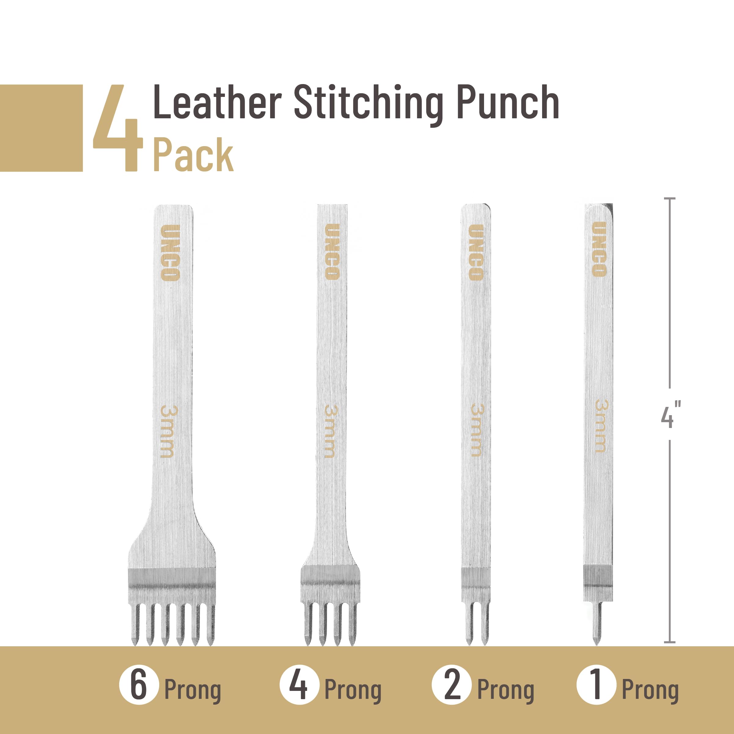 UNCO- Leather Stitching Punch, 4 Pack, 3mm, 1/2/4/6 Prong, Leather Hole Punch Tool, Stitching Chisel