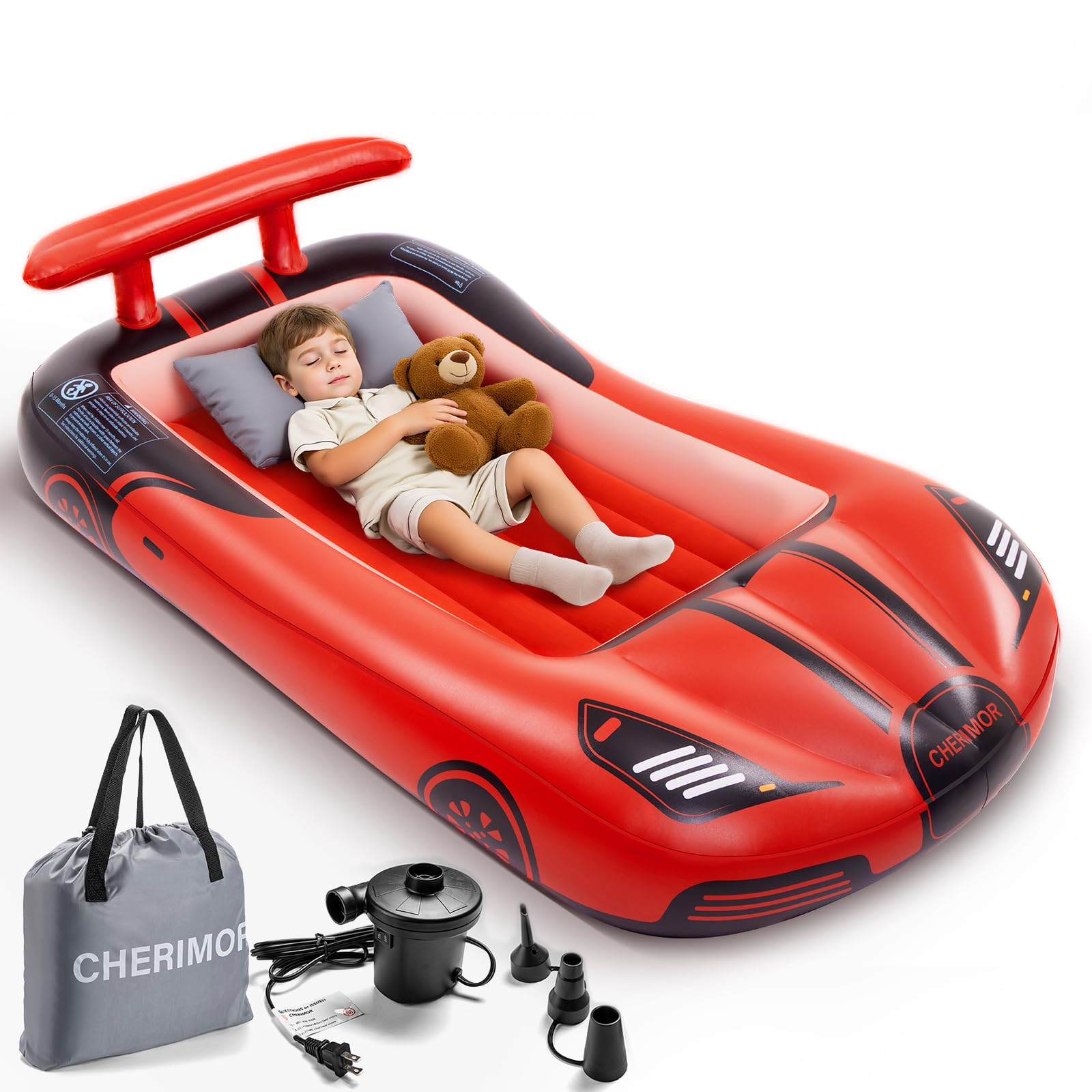 Photo 1 of CHERIMOR Inflatable Toddler Travel Bed with Safety Bumpers & 2 Mins Auto Inflation Pump, Portable Toddler Kids Air Mattress with Carry Bag for Home Grandma's Sleepovers Travel Camping, 330lbs Support