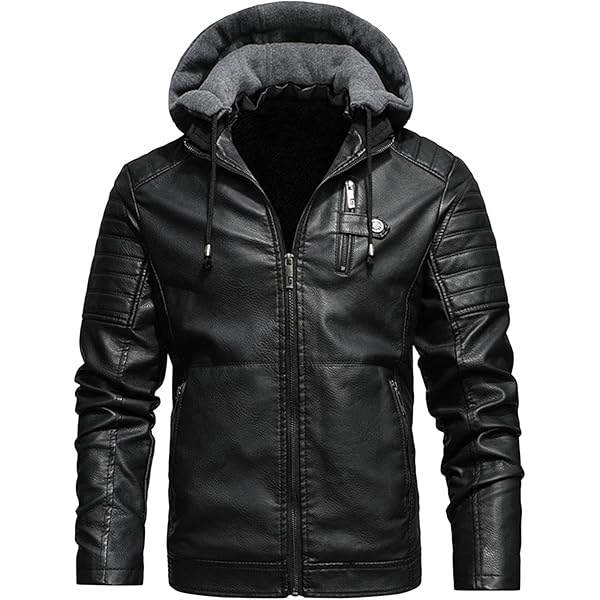 SWJGLITTR Men's Hooded Winter Leather Jacket Male Faux Leather