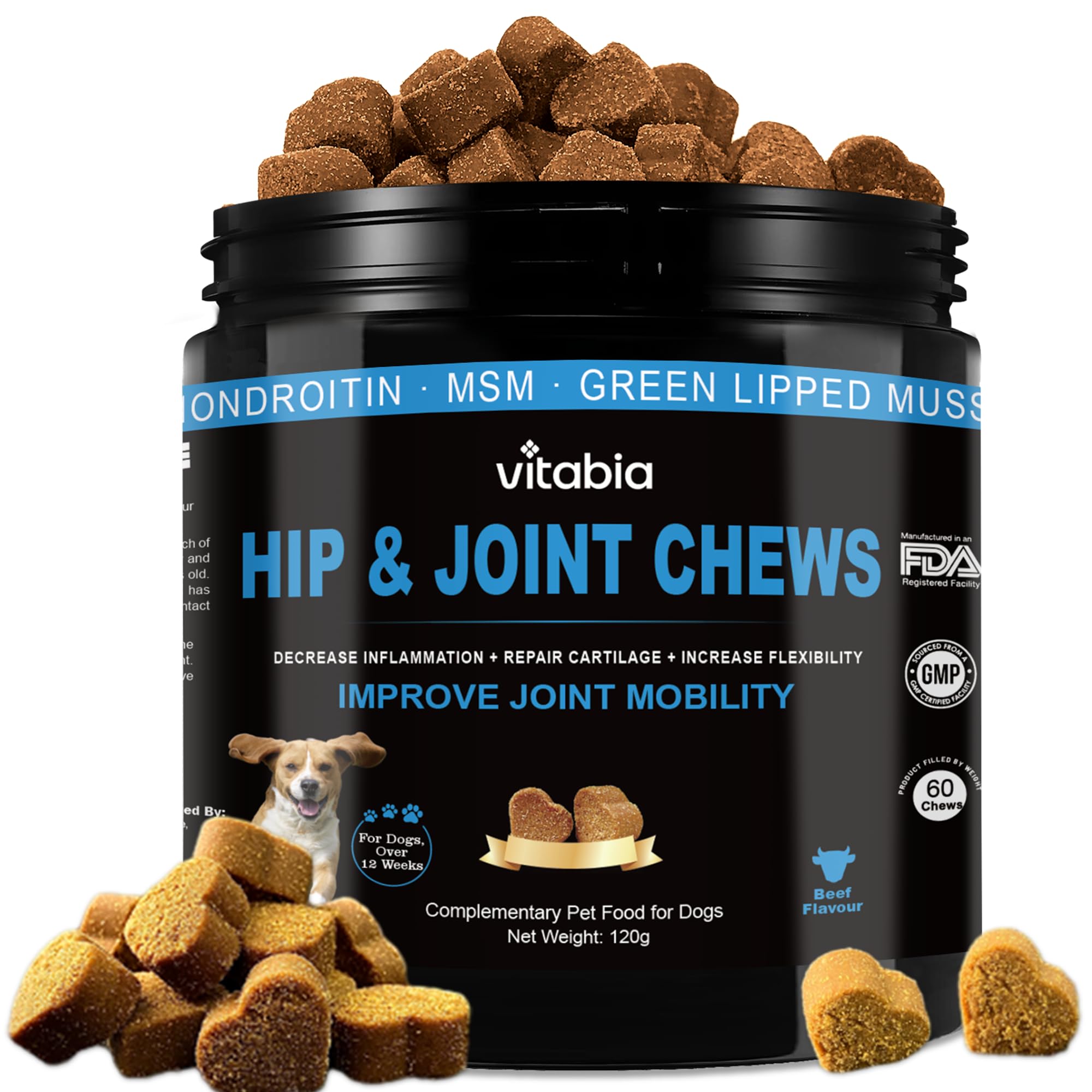 Joint Supplements for Dogs – Dog Joint Care with Glucosamine, Chondroitin, Green Lipped Mussel and Turmeric for Effective Dog Pain Relief – Beef Flavour joint supplements for dogs (60 Chews)