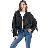 WELLATENT Fringe Jacket, Western Cowgirl Faux Suede Leather Jacket Tassel Crop Moto Top Country Concert Outfits for Women.