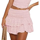 ICNGLKSND Women Fairy Lace Mini Skirt Y2K Ruched High Waist Ruffled Cake Skirt A Line High Low Trendy Going Out Tiered Skirt