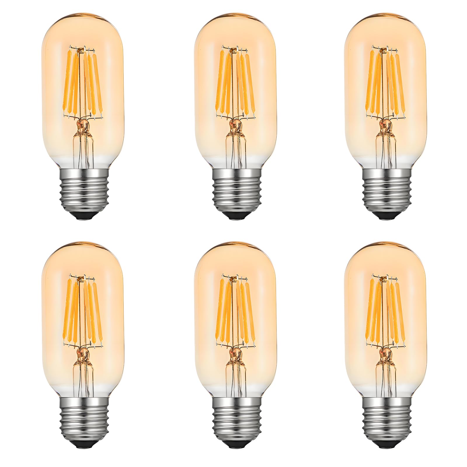 Huamu 6-Pack T45 LED Edison Bulb 6W 600 LM 2700K Warm Light 60W Halogen Replacement E27 Screw Vintage LED Decorative Light Bulb T45 Amber Glass Tubular Filament Bulb Non-dimmable