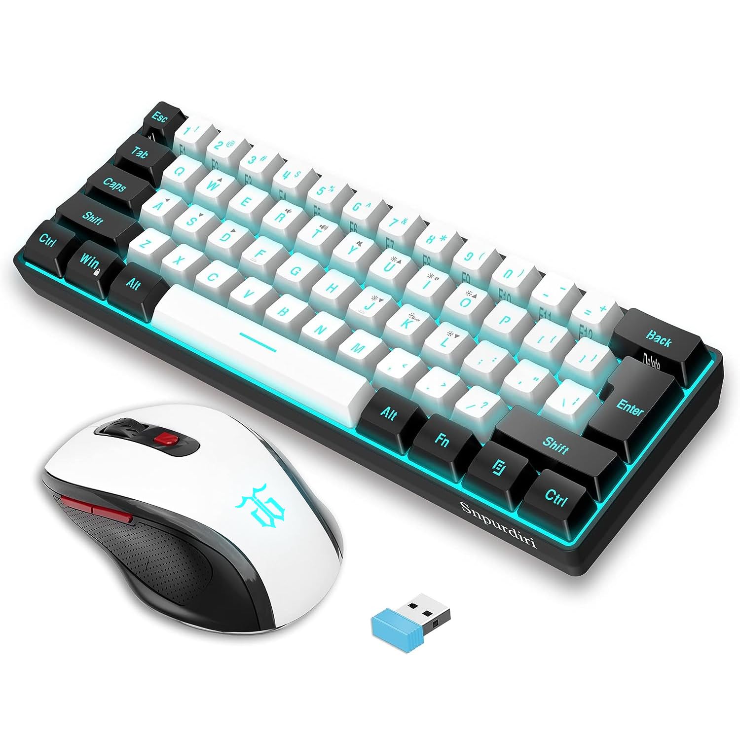 Snpurdiri 2.4G 60% Wireless Gaming Keyboard and Mouse Combo, Black-White
