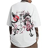 GORGLITTER Men's Japanese Letter Graphic Tee Top Oversized Short Sleeve Casual Aesthetic Print T-Shirt
