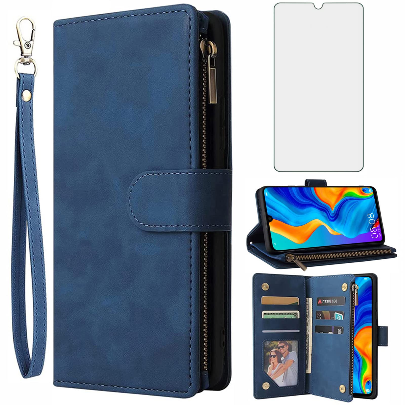 Asuwish Compatible with Huawei P30 Lite Wallet Case Tempered Glass Screen Protector and Leather Flip Cover Card Holder Stand Cell Accessories Phone Cases for Hawaii P30Lite P 30 30Lite Women Men Blue — image 1