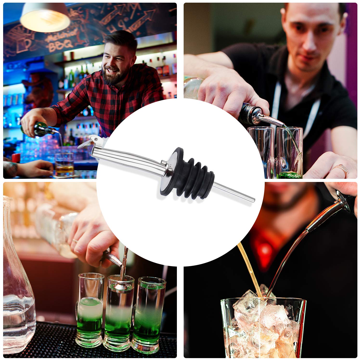 12 Pack Stainless Steel Classic Bottle Pourers Set, Liquor Pourers with Caps, Tapered Spout with Rubber Dust Caps and 1 Free Cleaning Tube Brush Oil Bottle Pourer