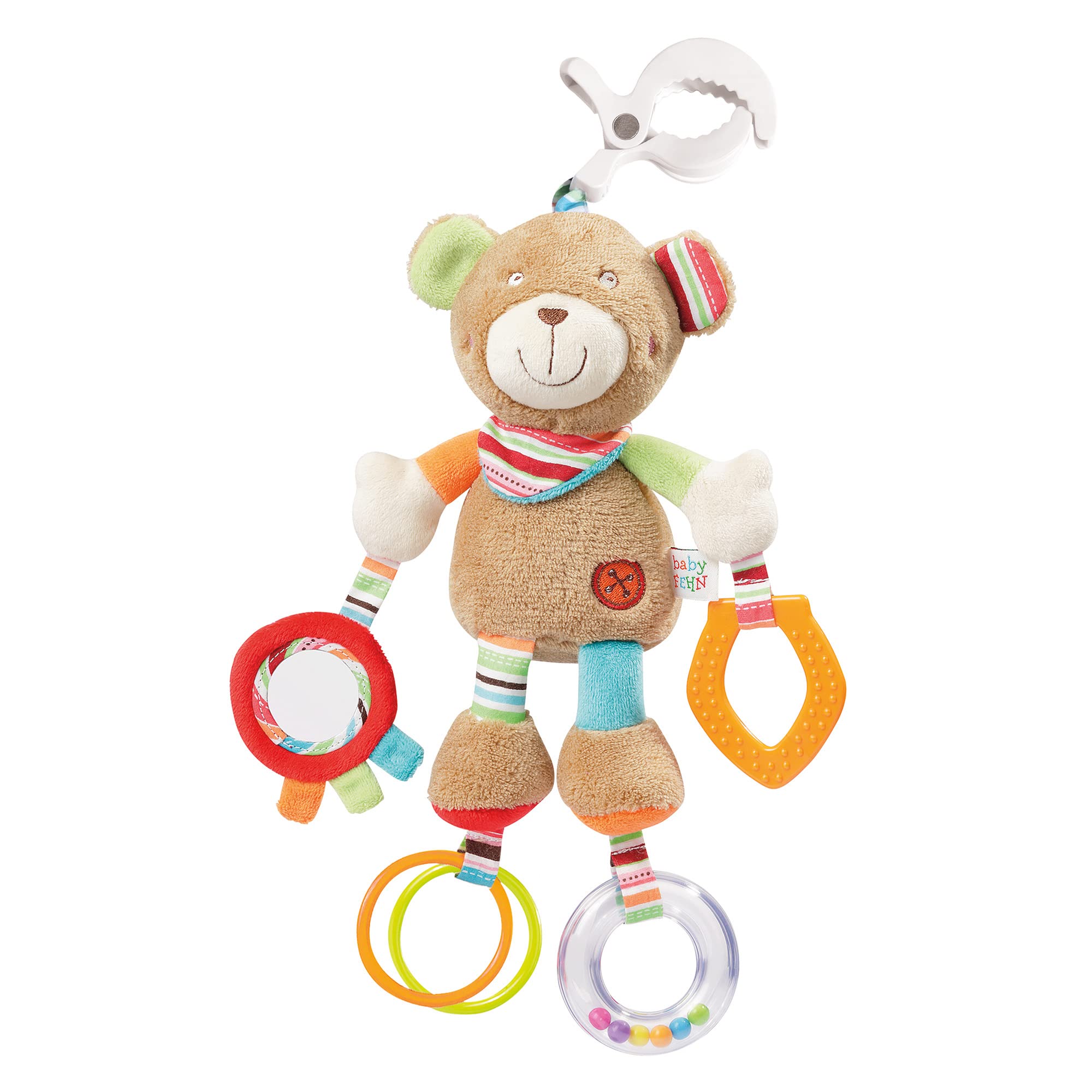 Fehn 091878 Activity toy Teddy Bear – Motor Skills Toys for Hanging Up with Mirrors and Rings for Biting, Grasping and Making Noises – for Babies and Toddlers from Newborns Upwards