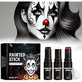 Black White Red Face Body Paint Stick with Sponges,Clown White Devil Joker Face Paint Makeup,Waterbased Body Paint,Halloween Face Painting for Vampire Skeleton Spiderman,Perfectly covers skin tone