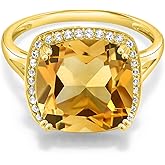 Gem Stone King 5-8 Cttw 10K Yellow Gold Gemstone Birthstone and White Created Sapphire Ring For Women | Cushion 12MM | Wedding Anniversary Promise Ring For Women | Available In Size 5, 6, 7, 8, 9