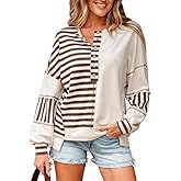 Ecosunny Womens Striped Oversized Sweatshirt Color Block V Neck Long Sleeve Casual Henley Shirts Loose Pullover Tops Fashion