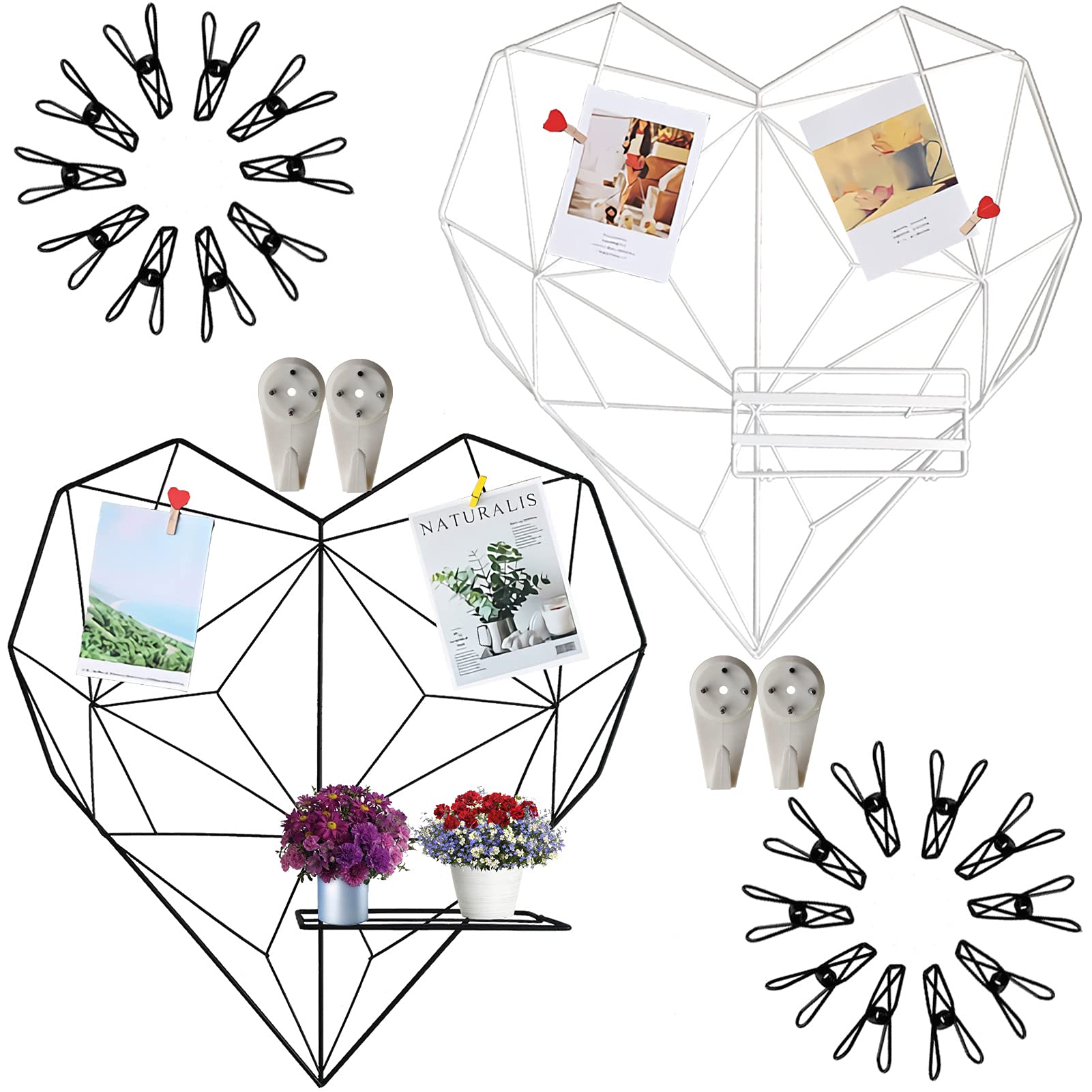Symeton 2 Pack Wire Wall Grid Panel, Heartshaped Photo Display Gridwall with Foldable Platform, Metal Organizer Memo Board with Accessories, White & Black, Nordic Aesthetic Room Decor, 20x20 Inch