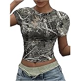 BEAUDRM Women's Y2k Camo Print Crop Tee Top Crew Neck Short Sleeve Slim Fit T Shirts 90s Streetwear