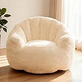 LinkRomat Bean Bag Chair, Giant Beanbag Chiars for Adults and Teens, Faux Fur Shell-Shaped Floor Sofa with Filler, Comfy Chair for Reading, Gaming and Relax (Beige)