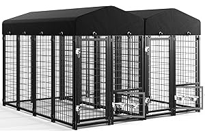 Sino Luban 2PCS Outdoor Dog Kennel Outside Run with Doggy Door, Swivel Feeder&Roof - 8x4x6FT Large Dog Kennels Pens Outside for Large Dogs Breed - Heavy Duty Cage (Can Connect to Your Dog House)