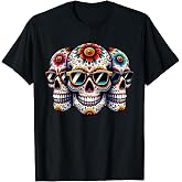 Three Sugar Skull With Sunglasses Mexican Cinco De Mayo T-Shirt