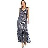 R&M Richards Women's Luxurious Sequin Embellished Gown | V-Neck Formal Beaded Maxi Dress W/Contrast Lining & Godet Skirt