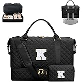 CLOUDWINGS Gifts for Women Girls Initial Travel Duffle Bag Quilted Weekender Carry-On Overnight with Cosmetic Bag, Gym Bag with Shoe Compartment, Black K
