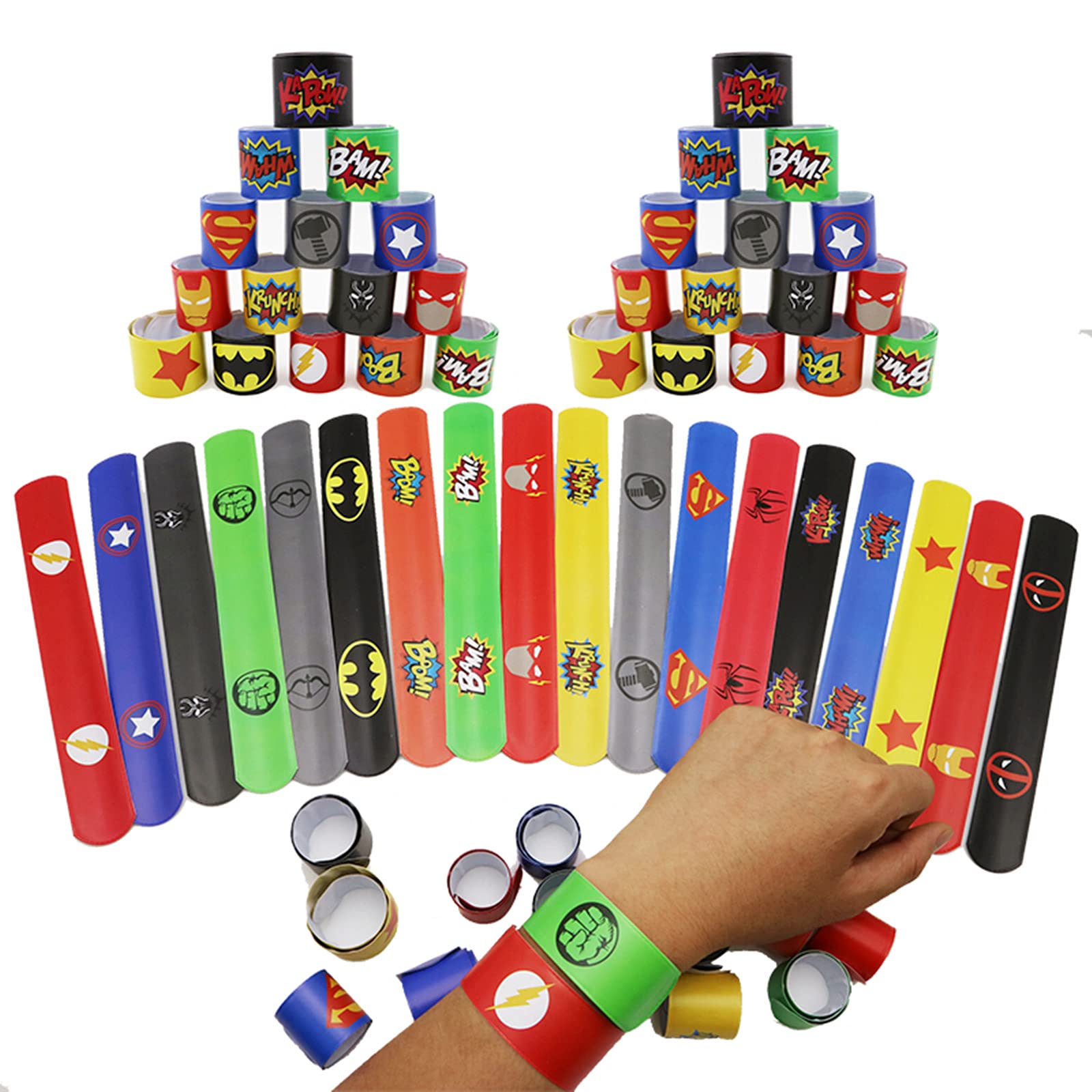 HONGCI 36PCS Superhero Slap Bands for Kids, Slap Bracelets with 18 Patterns, Perfect for Party Bags, Dress Up, Game Prizes, PVC & Iron, 22cm*3cm, Ages 3+