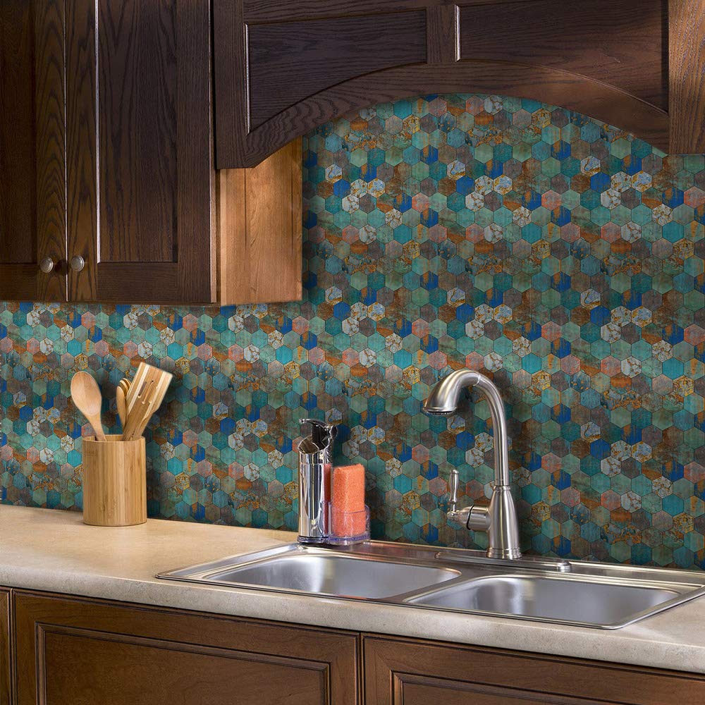 Alwayspon Wall Tile Transfers Sticker for Home Decor, Peel & Stick self-Adhesive splashback, Tile Decals for Living Room Kitchen Bathroom Decor, 25 Pieces Blue Rust Hexagon Tile Sticker