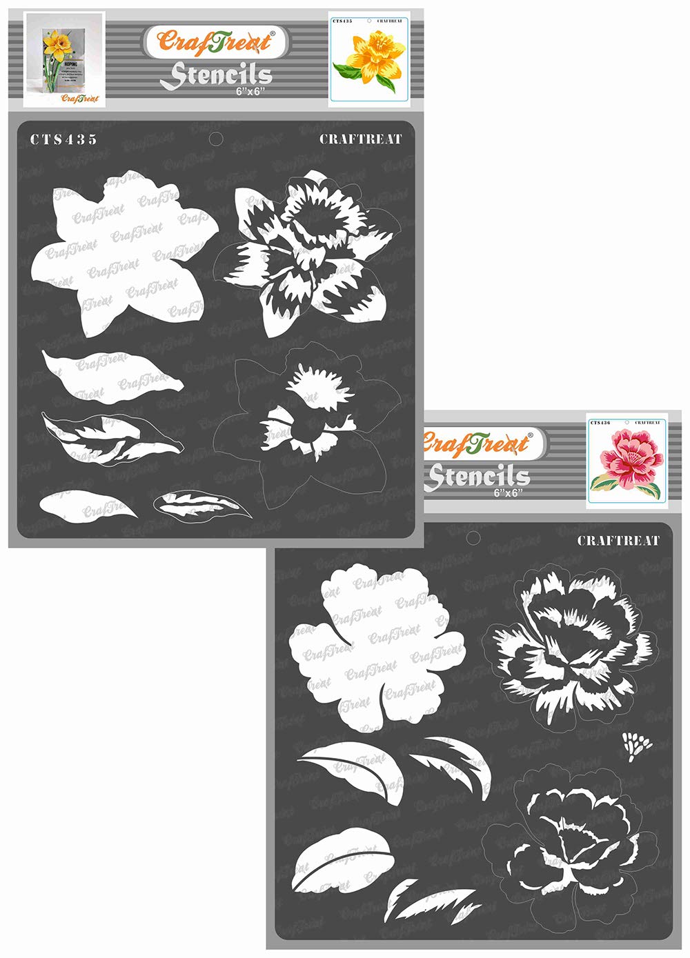 CrafTreat Reusable Layered Flower Stencils for Crafts Vintage - Layered Stencil Daffodil and Peony Bloom (2Pcs) - Size: 6X6 Inches - DIY Craft Layering Stencils for Painting on Concrete, Canvas