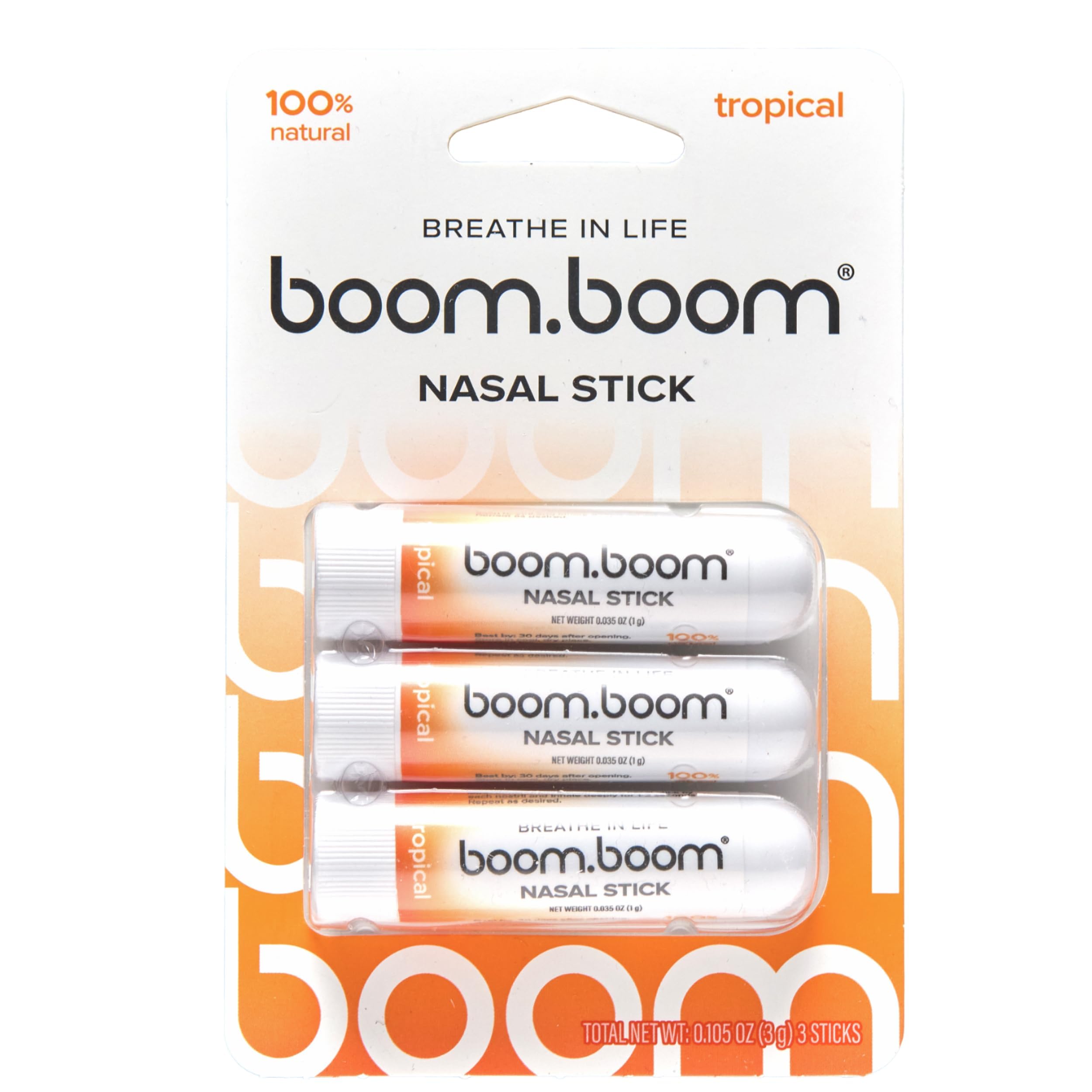 BoomBoom Aromatherapy Nasal Inhaler (Boosts Focus + Enhances Breathing) Provides Fresh Cooling Sensation with Essential Oils and Menthol Pack of 3 Tropical Rush