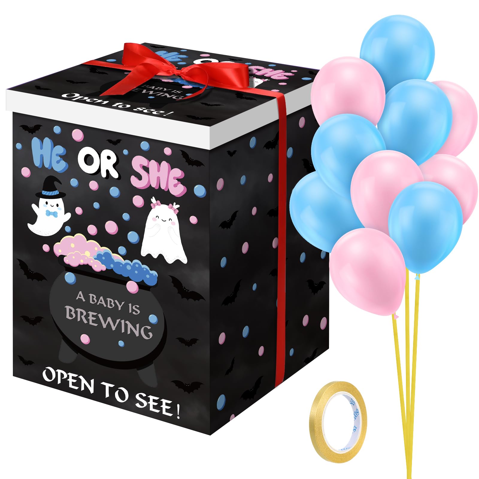 Photo 1 of Hungdao Gender Reveal Balloon Box with Ribbon and 10 Pink and Blue Balloons Gender Reveal Games He or She Open to See for Party Decoration 12 x12 x16 (Ghost)
