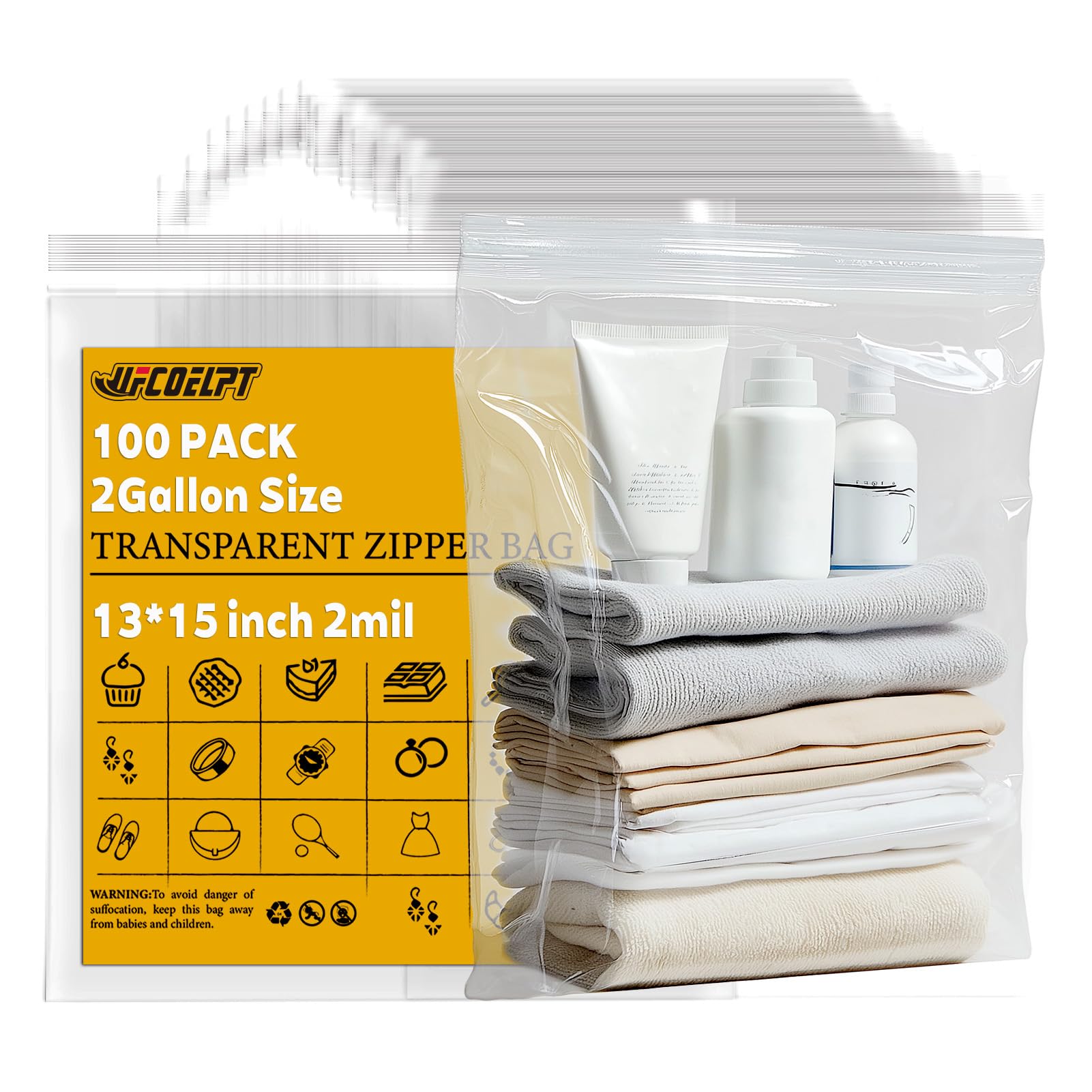 Photo 1 of 100 Count 2 Gallon Zip Storage Bags 13"×15", Reclosable Food Grade 2mil Plastic Zipper Bags for Storage, Packing and Shipping