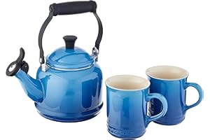 Le Creuset Enamel On Steel Demi Kettle & Stoneware Set of 2 Mugs, 1.25 qt. Kettle & (2) 14 oz. Mugs, Marseille
