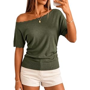 MONORA Women’s Off Shoulder Top Boat Neck Short Sleeve Sweater Cinched Waist Knit Tops