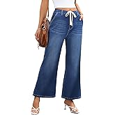 HDLTE Wide Leg Jeans Woman High Waisted Trendy Pull On Elastic Waist Drawstring Stretchy Denim Jean Pants with Pockets