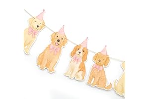Dog Themed Birthday Party Banner, Golden Retriever Puppy Design with Pink Party Hats and Bows, 80 Inch Adjustable Garland Dec